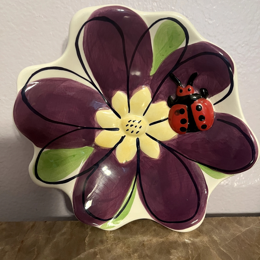 Floral Trinket/Plate with Ladybug Design